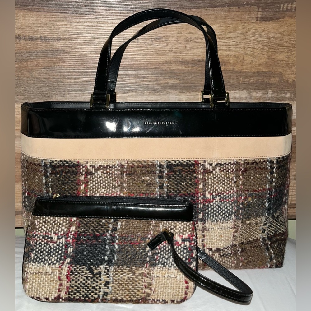 Burberry Handtasche Wolle Beige Authentic Tweed Tote and Pouch Set with Dust Bag - Picture 14 of 16